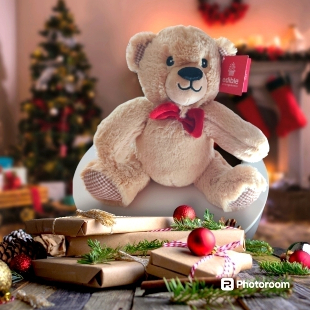 EDI Bear Tan Plush Stuffed Animal Toy Red Bowtie